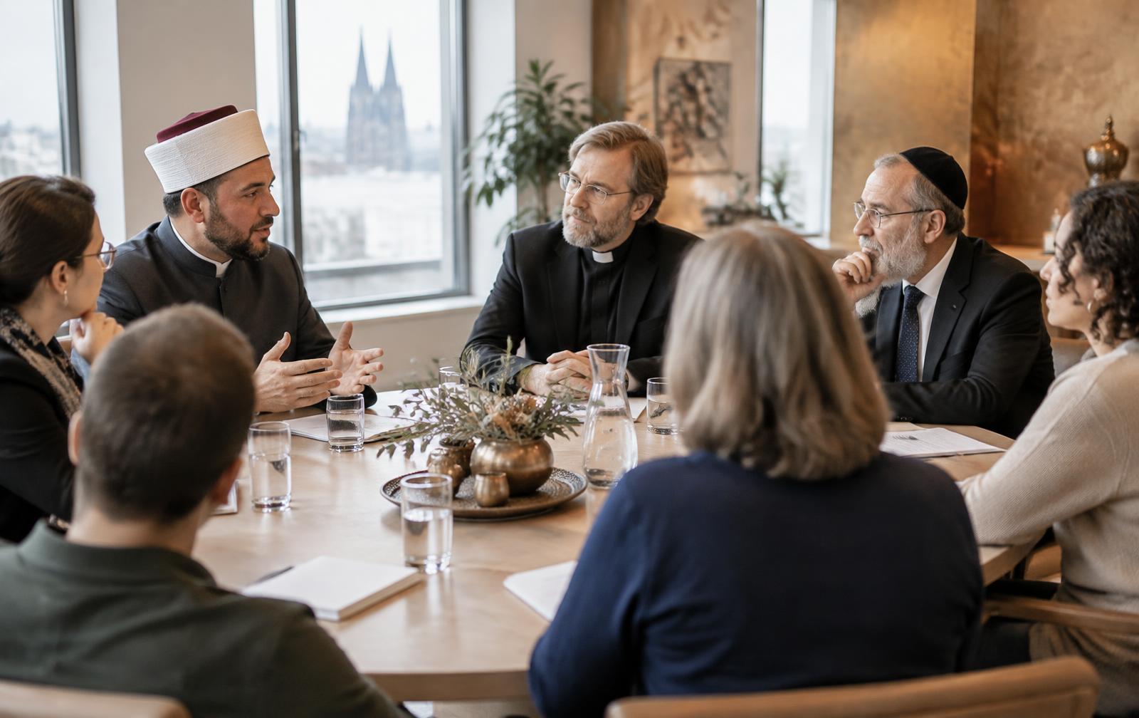 Gesprächsrunde mit Vertreterinnen und Vertretern verschiedener Religionen an einem runden Tisch