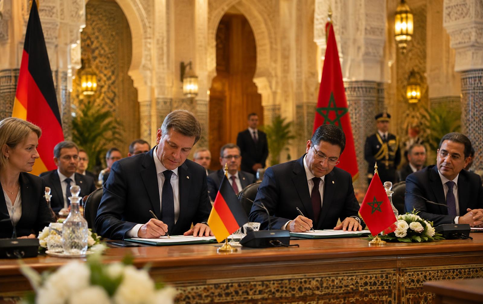 Unterzeichnung einer internationalen Kooperationsvereinbarung in einem historischen Saal in Rabat