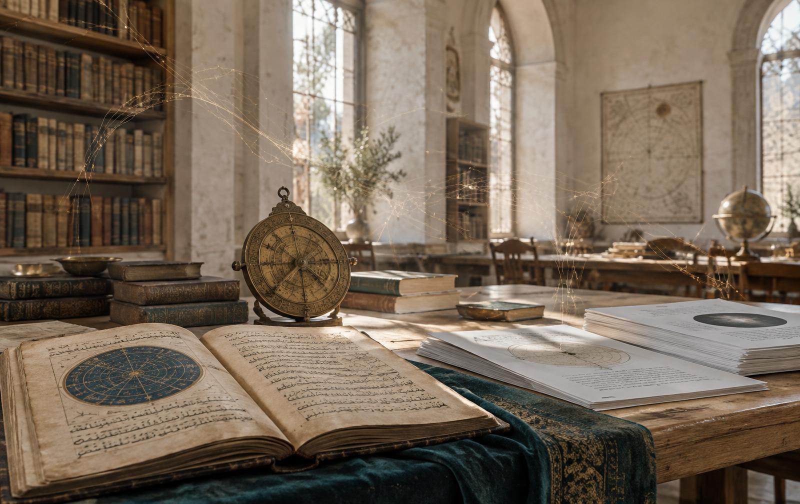 Helle Bibliothek mit historischen Handschriften, einem Astrolabium und feinen goldenen Lichtfäden, die Verbindungen zwischen den Wissensquellen andeuten